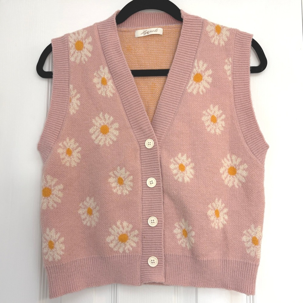 Hyipels Pink Daisy‎ Knit Sweater Vest Cottagecore Preppy Sz Small Button Up